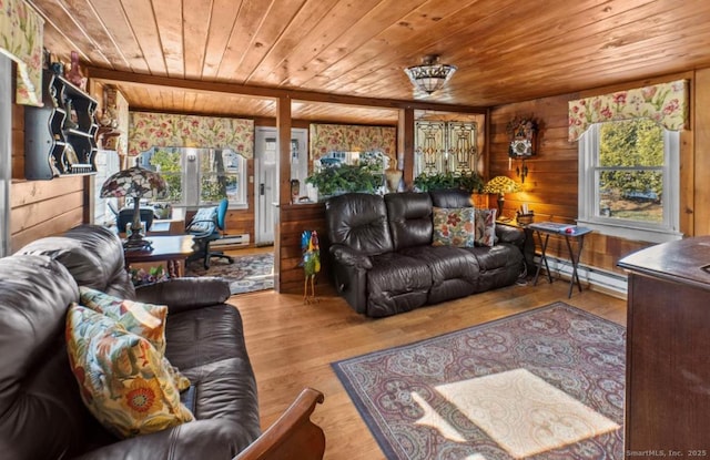 living room featuring baseboard heating, wood walls, wooden ceiling, and light wood-type flooring