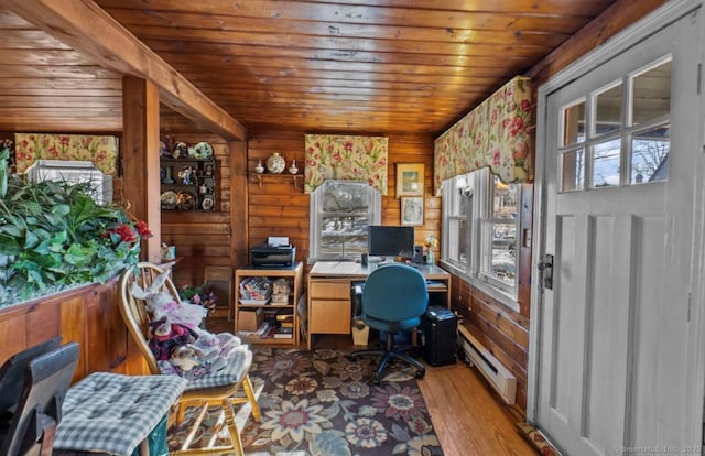 office space featuring wood ceiling, baseboard heating, and light hardwood / wood-style floors