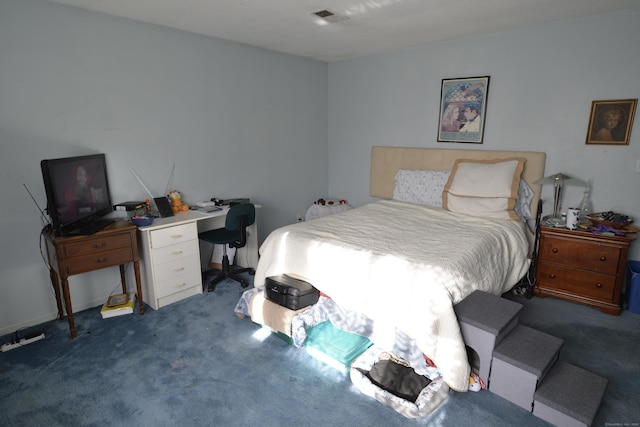 bedroom with dark carpet