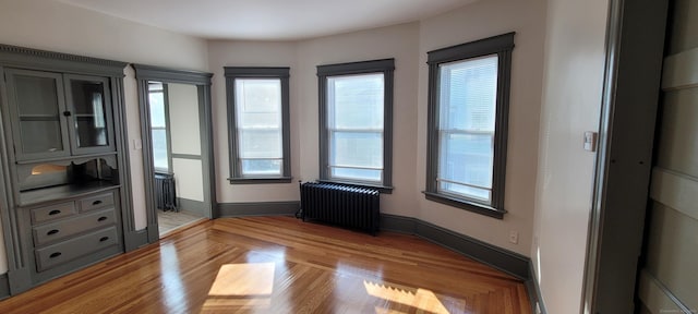 empty room with radiator heating unit and light wood-type flooring