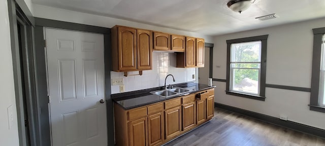 kitchen featuring tasteful backsplash, sink, and hardwood / wood-style flooring