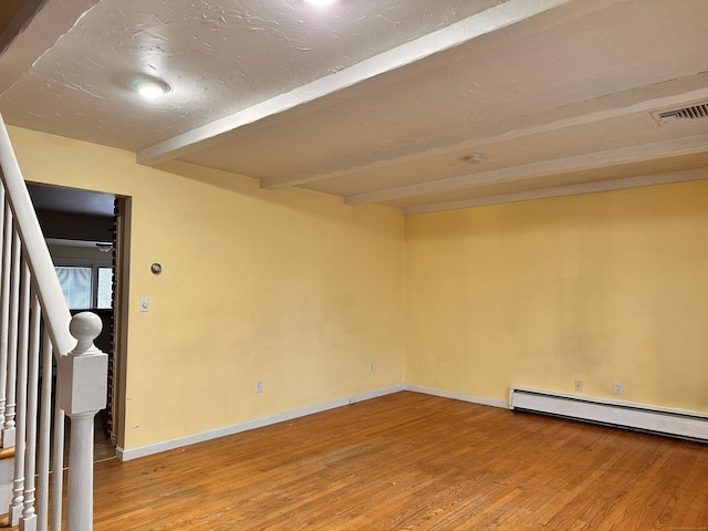 empty room featuring beamed ceiling, hardwood / wood-style flooring, and baseboard heating