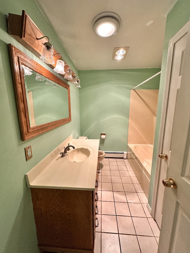 full bathroom with  shower combination, tile patterned flooring, a baseboard heating unit, vanity, and toilet