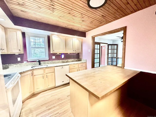 kitchen with sink, white appliances, wooden ceiling, and light wood-type flooring