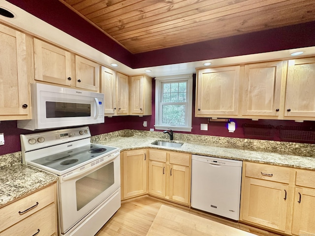 kitchen featuring sink, light wood-type flooring, light brown cabinets, wooden ceiling, and white appliances