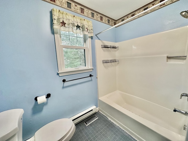 bathroom featuring tub / shower combination, toilet, and baseboard heating