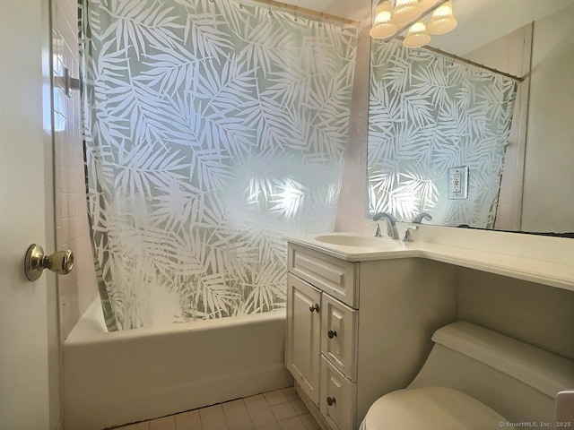 full bathroom featuring shower / bathtub combination with curtain, vanity, tile patterned floors, and toilet