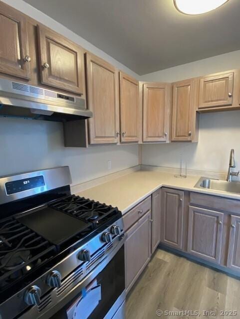 kitchen featuring sink, light hardwood / wood-style floors, and stainless steel gas stove