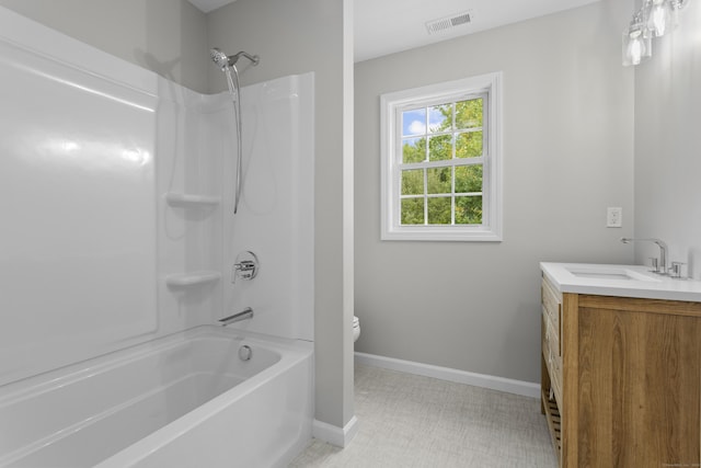 full bathroom featuring vanity, shower / washtub combination, and toilet