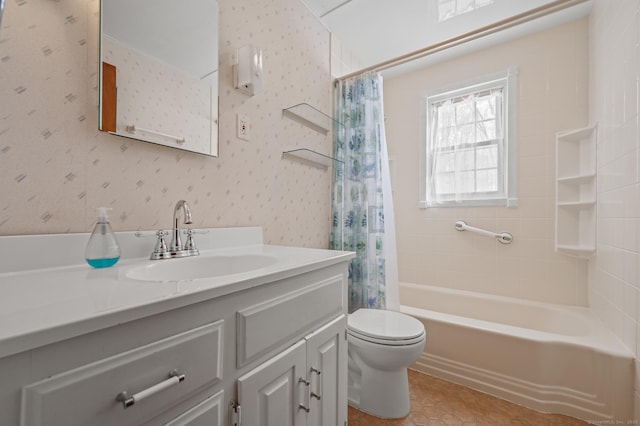 bathroom featuring wallpapered walls, shower / bath combo, toilet, tile patterned floors, and vanity