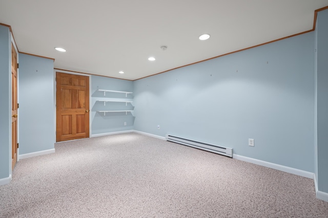 carpeted spare room featuring baseboards, baseboard heating, crown molding, and recessed lighting