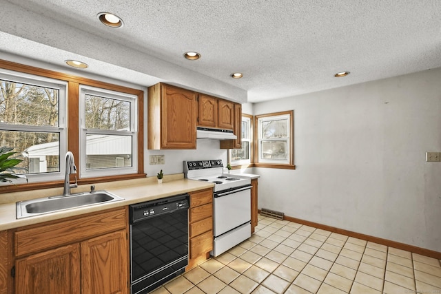 kitchen featuring white electric stove, under cabinet range hood, a sink, black dishwasher, and light countertops