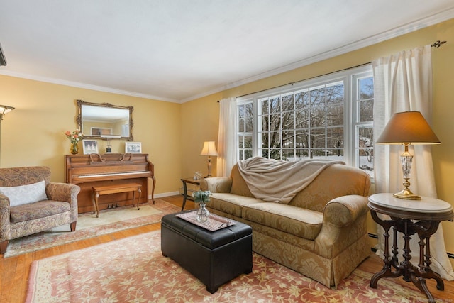 living room featuring ornamental molding and hardwood / wood-style floors