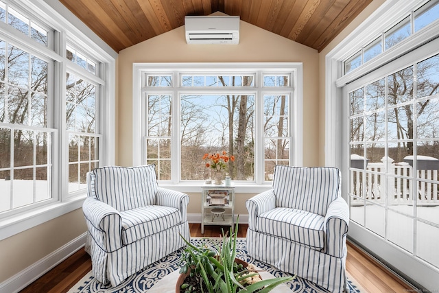 sunroom with wood ceiling, vaulted ceiling, and a wall unit AC