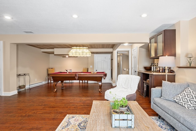 living room featuring a baseboard radiator, dark hardwood / wood-style flooring, and billiards