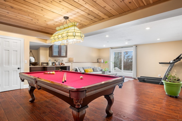 playroom with dark hardwood / wood-style floors, pool table, and wooden ceiling