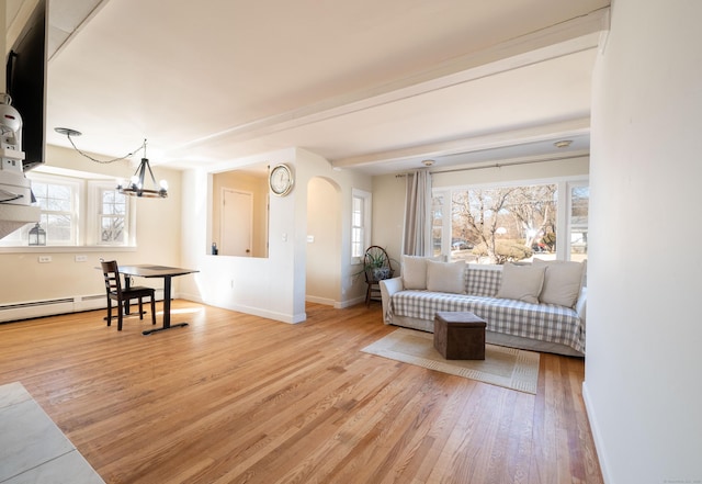 living room featuring a chandelier, light hardwood / wood-style flooring, and a baseboard heating unit