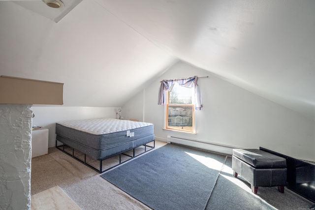 unfurnished bedroom featuring light carpet, a baseboard radiator, and lofted ceiling