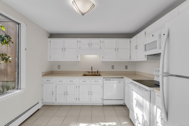 kitchen with white cabinetry, sink, white appliances, and a baseboard radiator