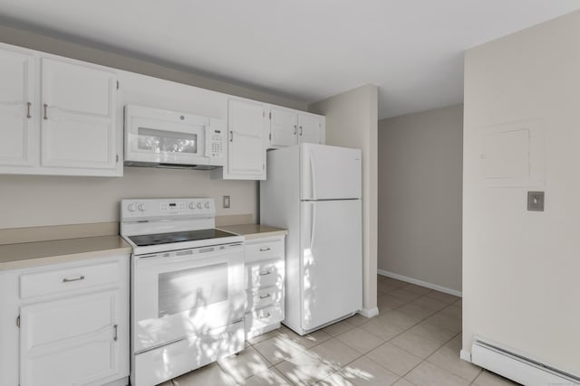 kitchen featuring light tile patterned floors, white appliances, white cabinets, and baseboard heating