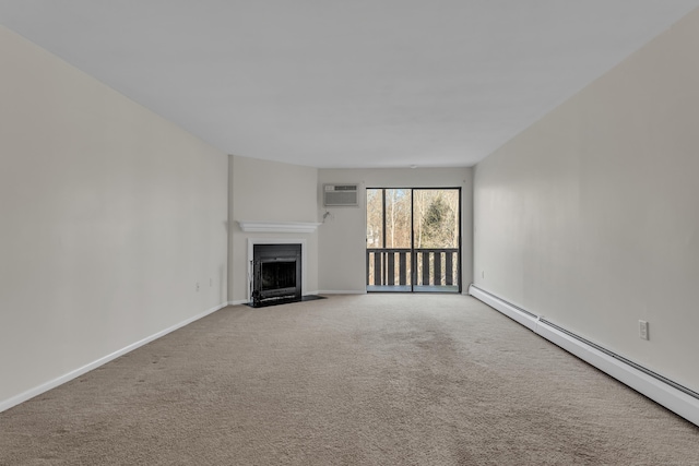 unfurnished living room featuring a baseboard radiator, a wall mounted air conditioner, and carpet flooring