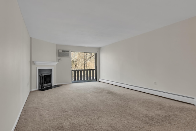 unfurnished living room with a baseboard radiator, light colored carpet, and a wall unit AC