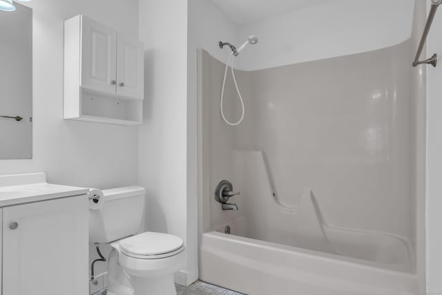 full bathroom with bathing tub / shower combination, vanity, tile patterned floors, and toilet