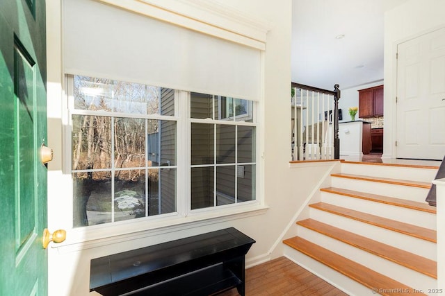 staircase with hardwood / wood-style floors