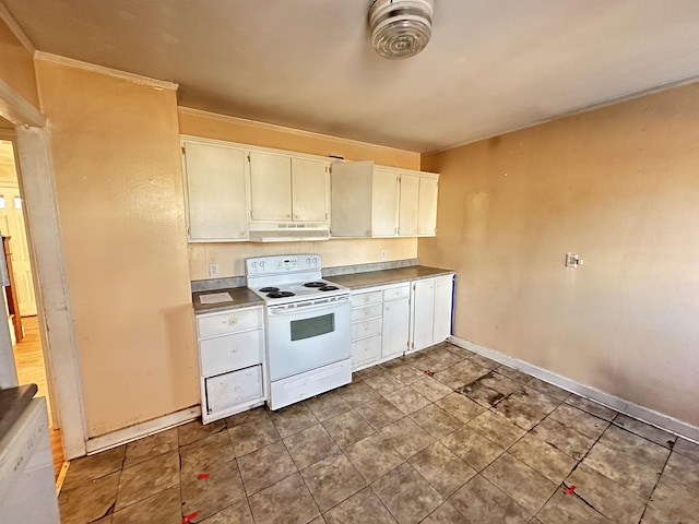 kitchen featuring white cabinetry and electric range