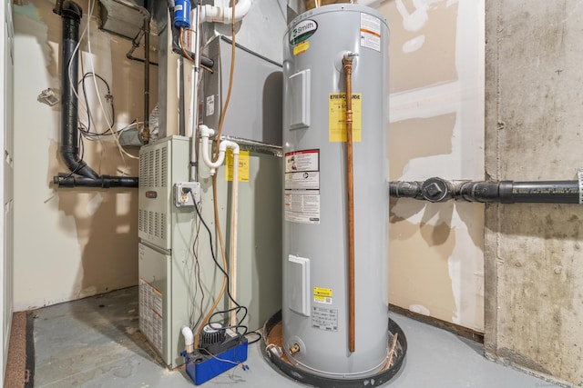 utility room with electric water heater and heating unit