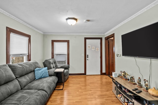 living room with crown molding and light wood-type flooring