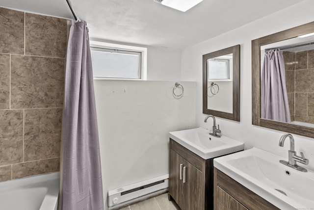 bathroom with a baseboard radiator, plenty of natural light, shower / bathtub combination with curtain, and vanity