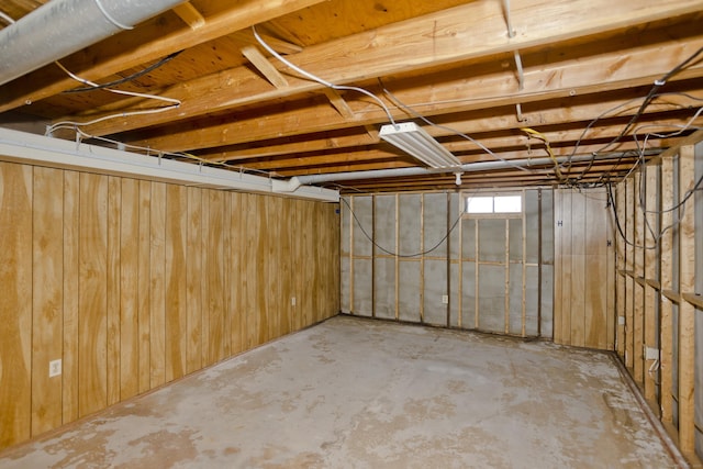 basement featuring wood walls