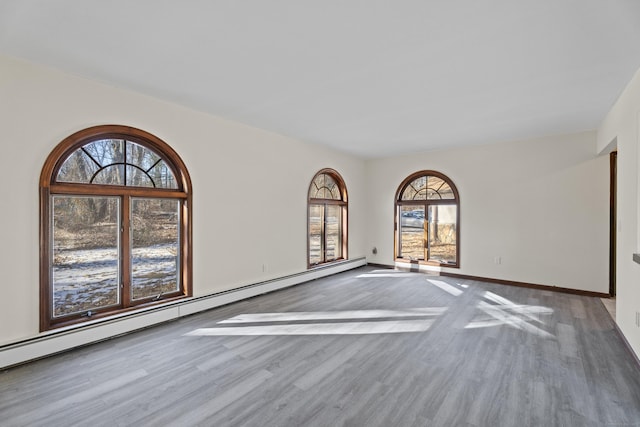 unfurnished room with hardwood / wood-style flooring and baseboard heating