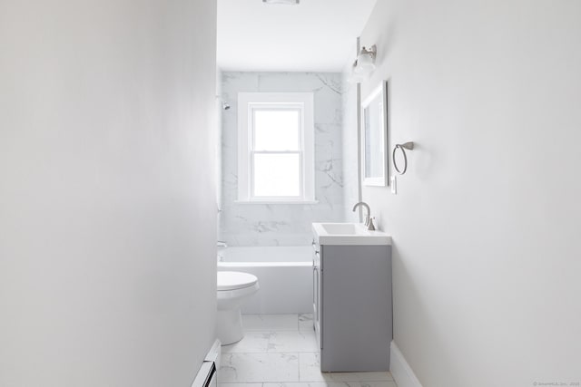 full bathroom featuring vanity, tiled shower / bath combo, and toilet