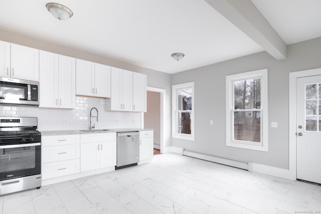 kitchen featuring sink, white cabinetry, a baseboard radiator, beamed ceiling, and stainless steel appliances