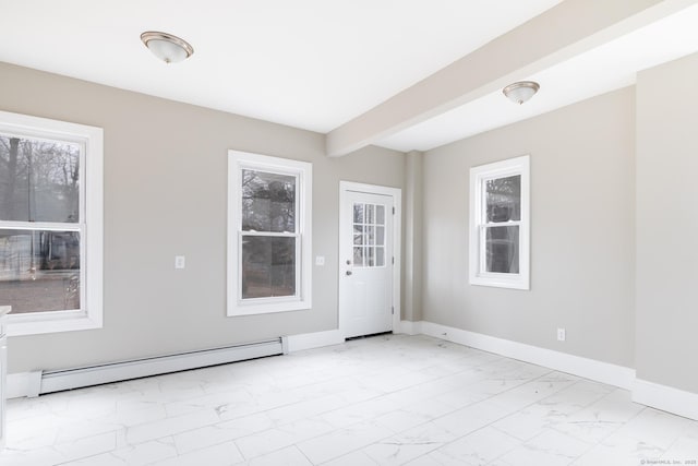 spare room featuring beamed ceiling, plenty of natural light, and a baseboard heating unit