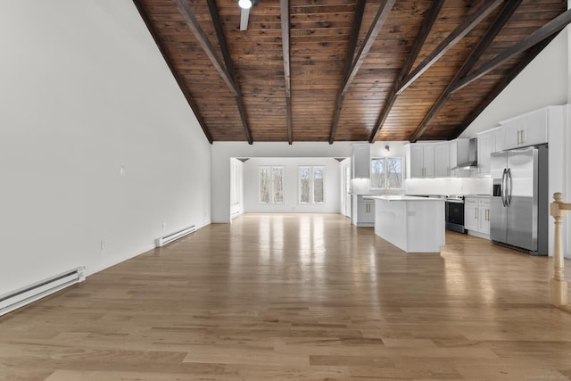 unfurnished living room with light wood-type flooring, wooden ceiling, beamed ceiling, and baseboard heating