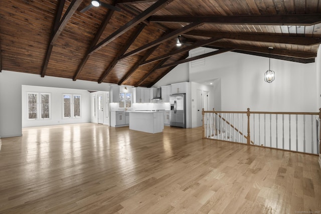 unfurnished living room featuring wood ceiling, high vaulted ceiling, a notable chandelier, beam ceiling, and light hardwood / wood-style floors