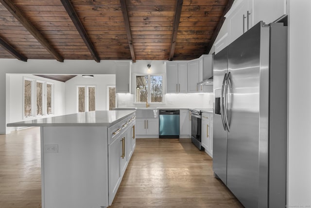 kitchen with white cabinetry, stainless steel appliances, a kitchen island, and wooden ceiling