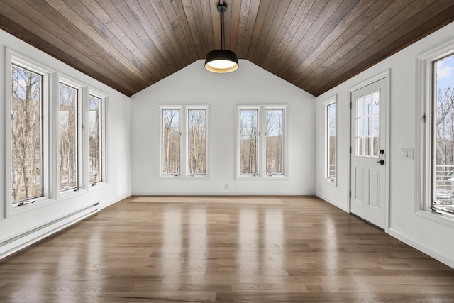 unfurnished sunroom featuring vaulted ceiling, wood ceiling, and baseboard heating