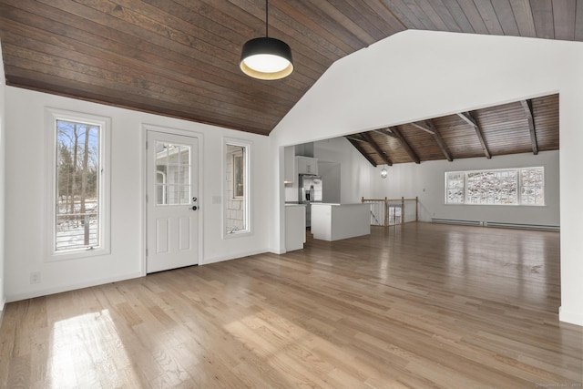 entryway with high vaulted ceiling, wooden ceiling, and light wood-type flooring