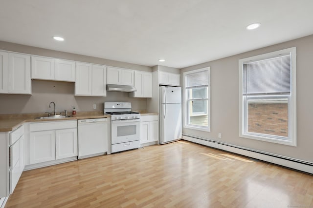 15 Seeley St, Danbury, CT 06810 - kitchen featuring white appliances, a sink, under cabinet range hood, a baseboard heating unit, and light wood-type flooring
