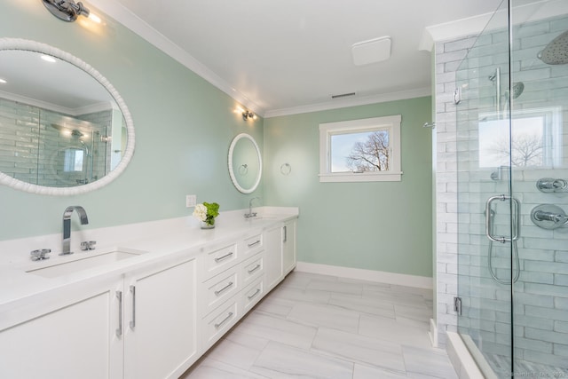 bathroom with walk in shower, ornamental molding, and vanity