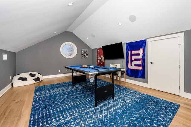 rec room featuring lofted ceiling, hardwood / wood-style flooring, and billiards