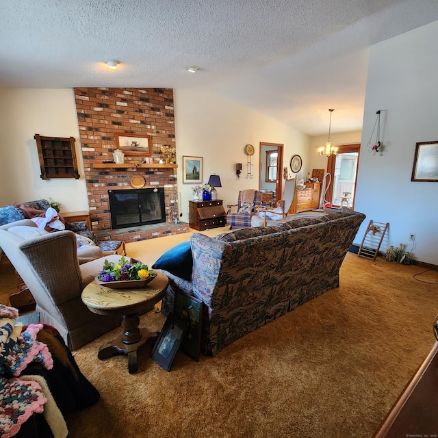 living room featuring lofted ceiling, an inviting chandelier, a fireplace, carpet floors, and a textured ceiling