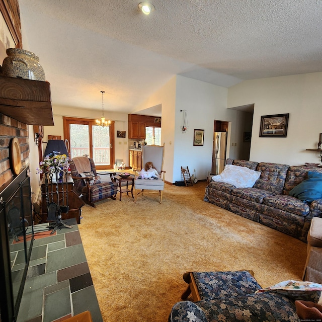 carpeted living room with lofted ceiling, a textured ceiling, and a notable chandelier