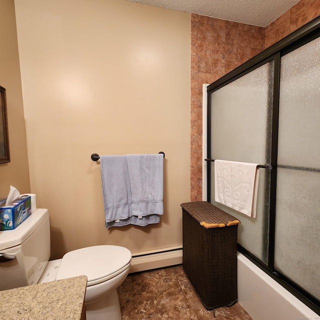 bathroom with a textured ceiling, a baseboard radiator, and toilet