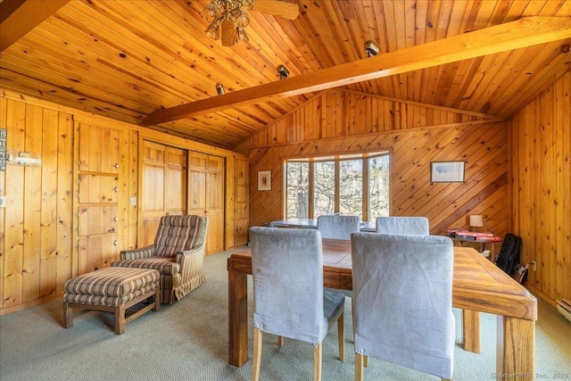 carpeted dining space with lofted ceiling with beams, wooden ceiling, ceiling fan, and wood walls