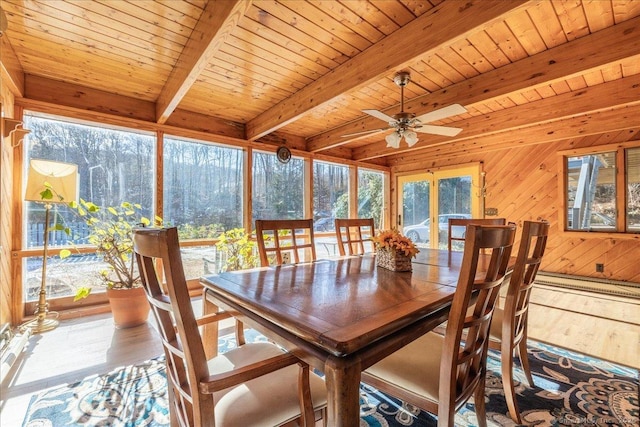 dining space with hardwood / wood-style floors, plenty of natural light, beamed ceiling, and wood walls